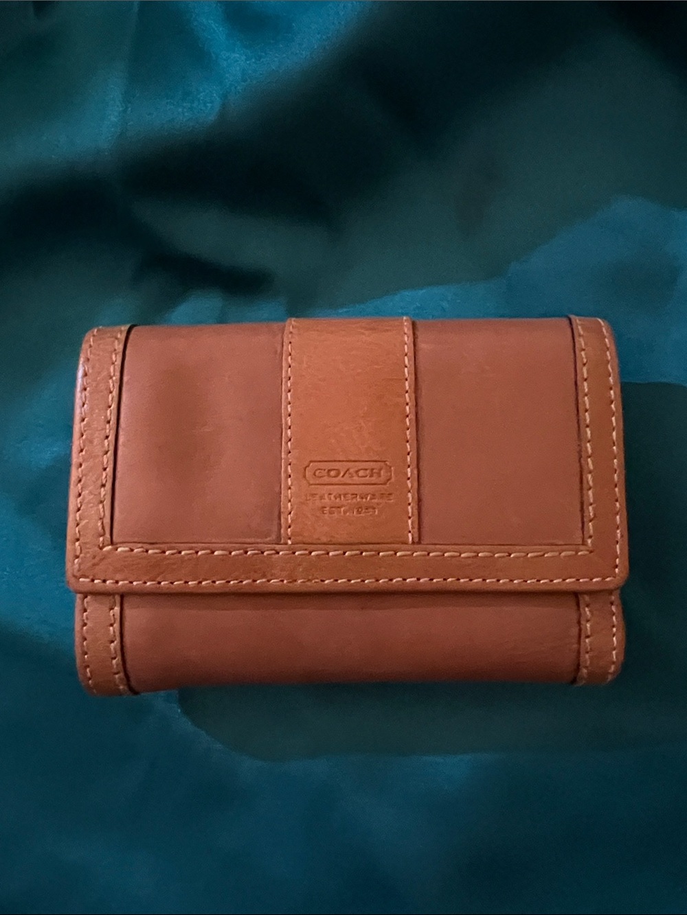 Coach Leather Trifold Compact Wallet in Tan